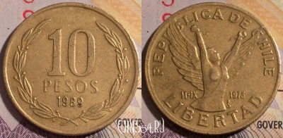 Чили 10 песо 1989 года, KM# 218, 181a-128