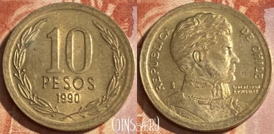 Чили 10 песо 1990 г., Bordure large, KM# 228.1, 409r-006 ♛