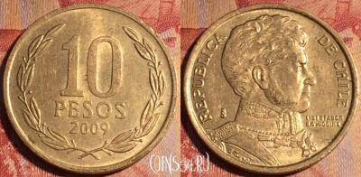Чили 10 песо 2009 года, KM# 228, 163a-003