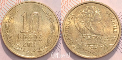 Чили 10 песо 2011 года, KM 228, 117-043