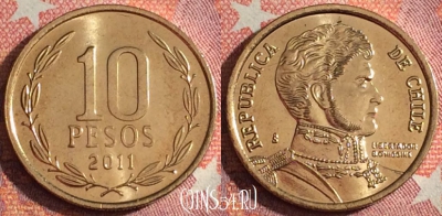 Чили 10 песо 2011 года, KM# 228, 357-015