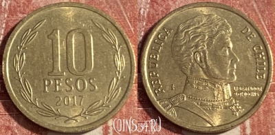 Чили 10 песо 2017 года, KM# 228, 372r-068 ♛