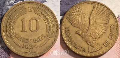 Чили 10 сентесимо 1964 года, Condor, KM# 191, a088-029