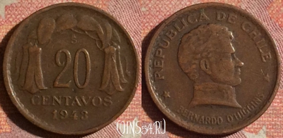 Чили 20 сентаво 1943 года, KM# 177, 177i-134