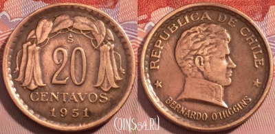 Чили 20 сентаво 1951 года, KM# 177, 246-016