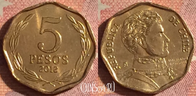 Чили 5 песо 2012 года, KM# 232, 200i-080