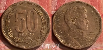 Чили 50 песо 2008 года, KM# 219, 278m-047
