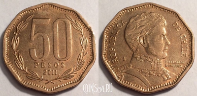Чили 50 песо 2011 года, KM# 219, 068-053a