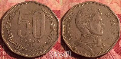 Чили 50 песо 2017 года, KM# 219, 278i-052