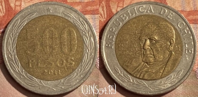 Чили 500 песо 2011 года, KM# 235, 116r-050 ♛