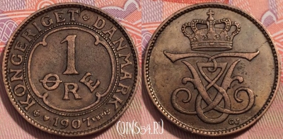 Дания 1 эре 1907 года, KM# 804, 242-054