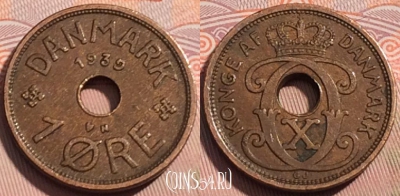 Дания 1 эре 1939 года, KM# 826, 122a-034