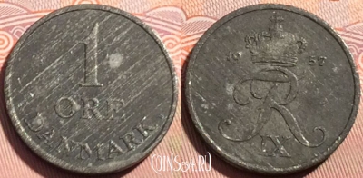 Дания 1 эре 1957 года, KM# 839, 121c-068