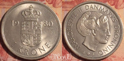 Дания 1 крона 1980 года, KM# 862, 161a-088
