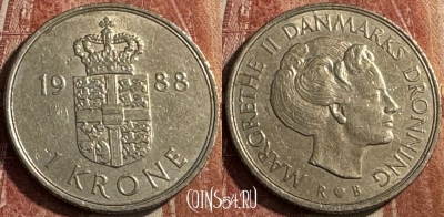 Дания 1 крона 1988 года, KM# 862, 473s-102