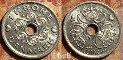 Дания 1 крона 2000 года, KM# 873, 502s-042