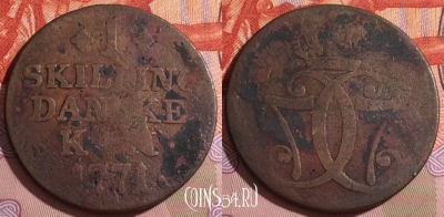 Дания 1 скиллинг 1771 года, KM# 616, 165b-033