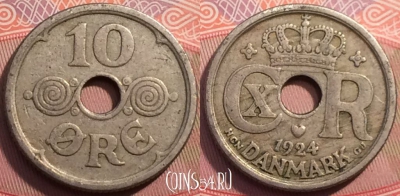 Дания 10 эре 1924 года, KM# 822, 249-011