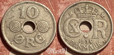 Дания 10 эре 1934 года, KM# 822, 380q-107 ♛