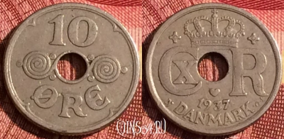 Дания 10 эре 1937 года, KM# 822, 271i-041