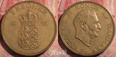 Дания 2 кроны 1957 года, KM# 838, 211-115
