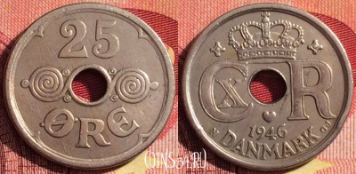 Дания 25 эре 1946 года, KM# 823, 263i-124