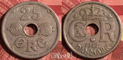 Дания 25 эре 1947 года, редкая, KM# 823, 271i-011