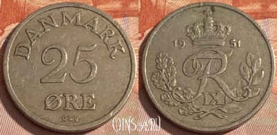 Дания 25 эре 1951 года, KM# 842, 344p-064