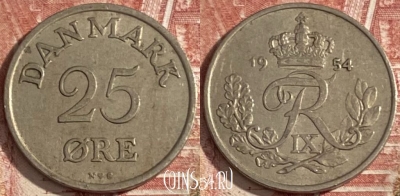 Дания 25 эре 1954 года, KM# 842, 355r-127