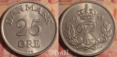 Дания 25 эре 1959 года, KM# 842, 170a-062