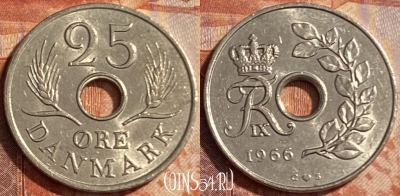 Дания 25 эре 1966 года, KM# 855, 487р-009