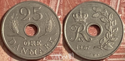 Дания 25 эре 1967 года, KM# 855, 349r-106