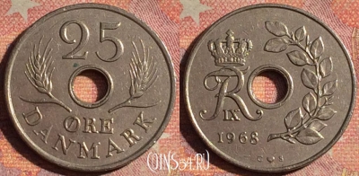 Дания 25 эре 1968 года, KM# 855, 195i-064