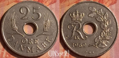 Дания 25 эре 1969 года, KM# 855, 098o-050