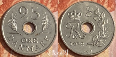 Дания 25 эре 1972 года, KM# 855, 434r-111 ♛
