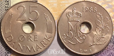 Дания 25 эре 1988 года, KM# 861, 150-140