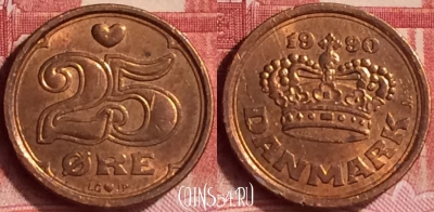 Дания 25 эре 1990 года, KM# 868, 350l-110