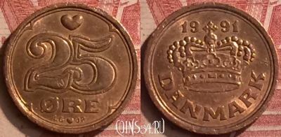 Дания 25 эре 1991 года, KM# 868, 058n-184