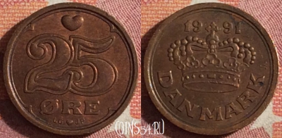 Дания 25 эре 1991 года, KM# 868, 361-115
