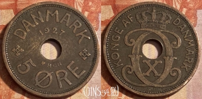 Дания 5 эре 1927 года, KM# 828, 481р-098 ♛