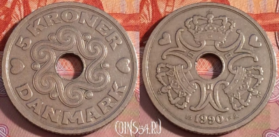 Дания 5 крон 1990 года, KM# 869, 105b-076