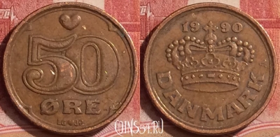 Дания 50 эре 1990 года, KM# 866, 378k-133