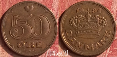 Дания 50 эре 1994 года, KM# 866, 344n-138