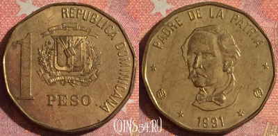 Доминикана 1 песо 1991 года, KM# 80.1, 378-115
