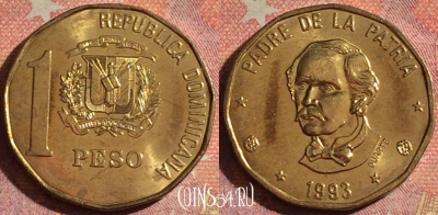 Доминикана 1 песо 1993 года, KM# 80.2, 122i-057