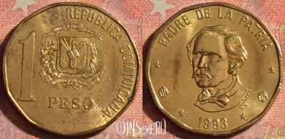 Доминикана 1 песо 1993 года, KM# 80.2, 133i-095