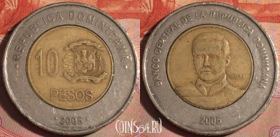 Доминикана 10 песо 2005 года, KM# 106, 115b-144