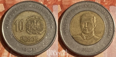 Доминикана 10 песо 2008 года, KM# 106, 159r-141