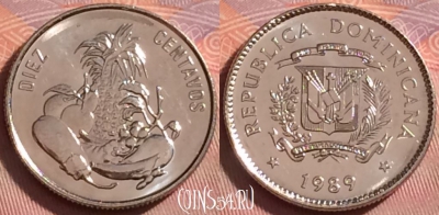 Доминикана 10 сентаво 1989 года, KM# 70, UNC, 333j-121