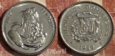 Доминикана 10 сентаво 1989 года, KM# 70, UNC, 506s-102 ♛